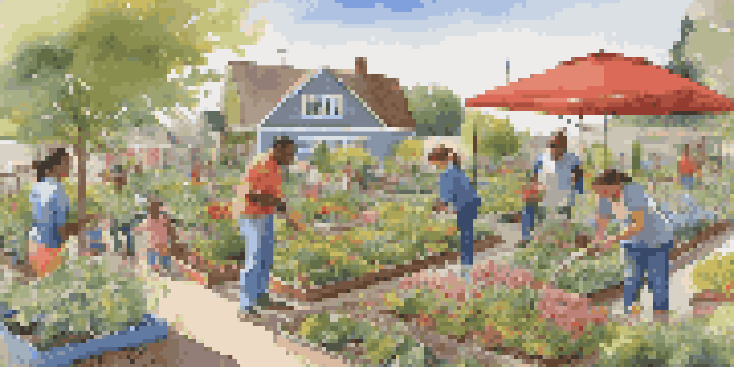 A lively community garden with families gardening together, colorful plants, and bright sunlight.