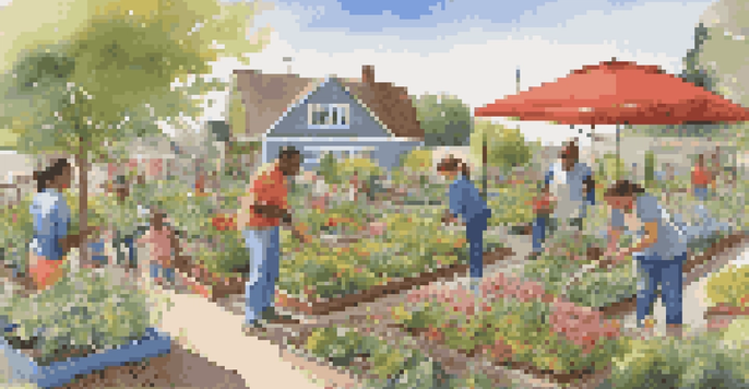 A lively community garden with families gardening together, colorful plants, and bright sunlight.