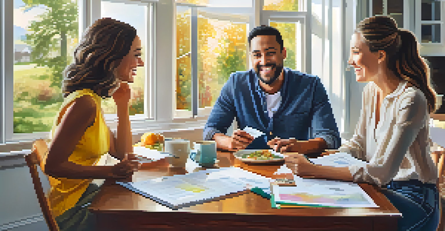 A happy couple and real estate agent discussing home buying strategies at a dining table filled with colorful documents and a coffee pot.