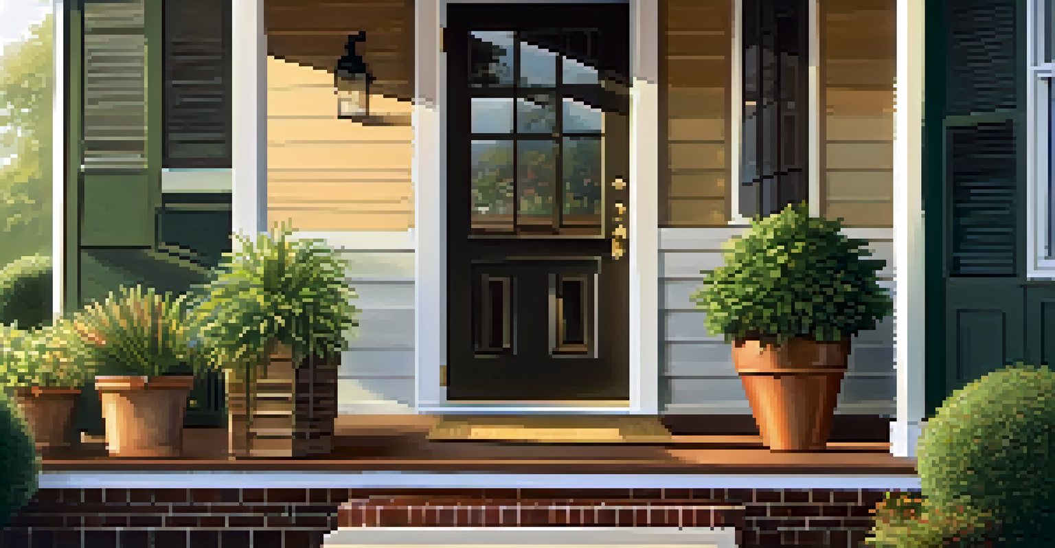 A cozy front porch of a house with potted plants and a seating area, illuminated by soft morning light.