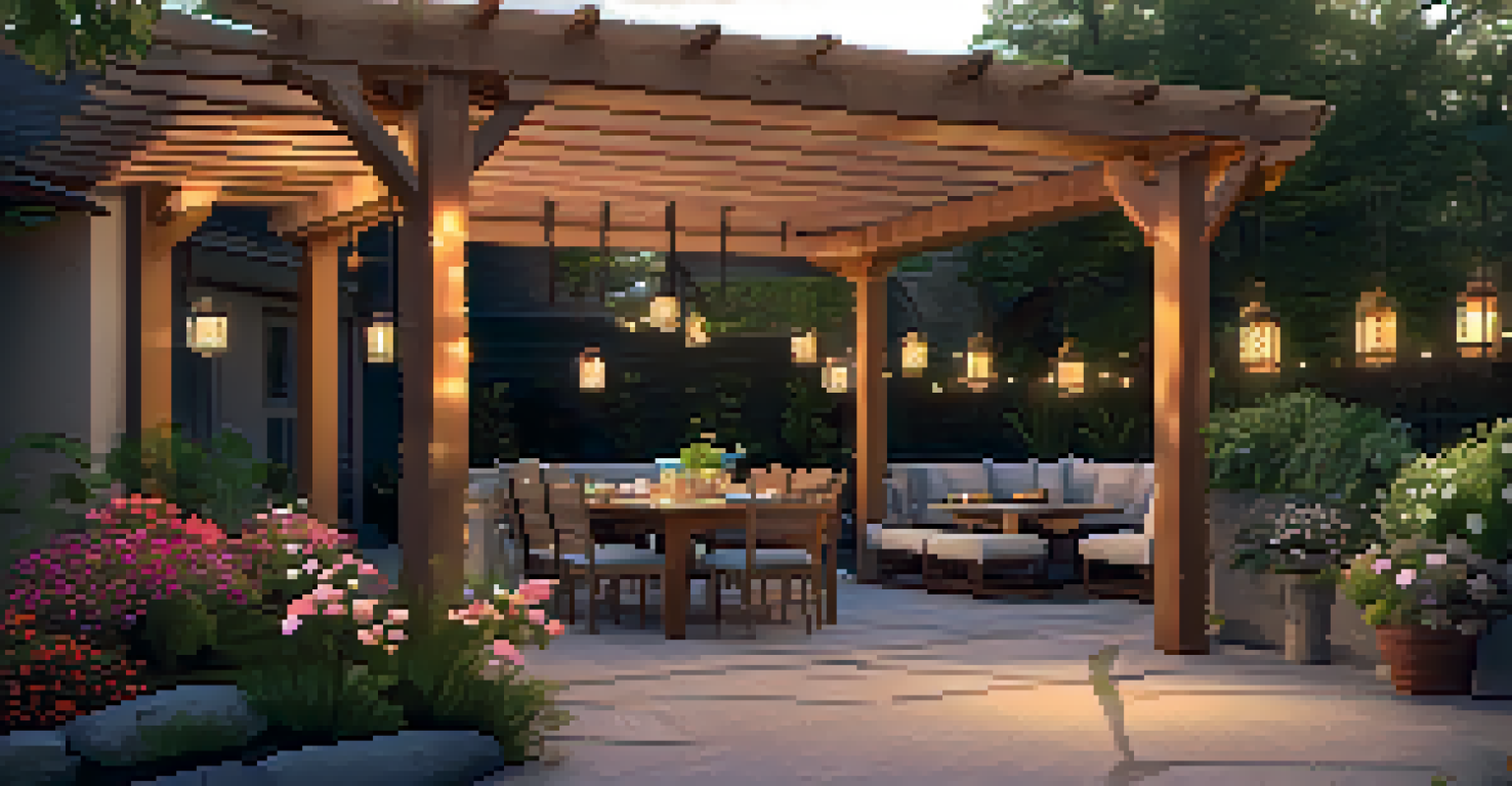 An outdoor patio with a dining set under a pergola, surrounded by greenery and flowers.