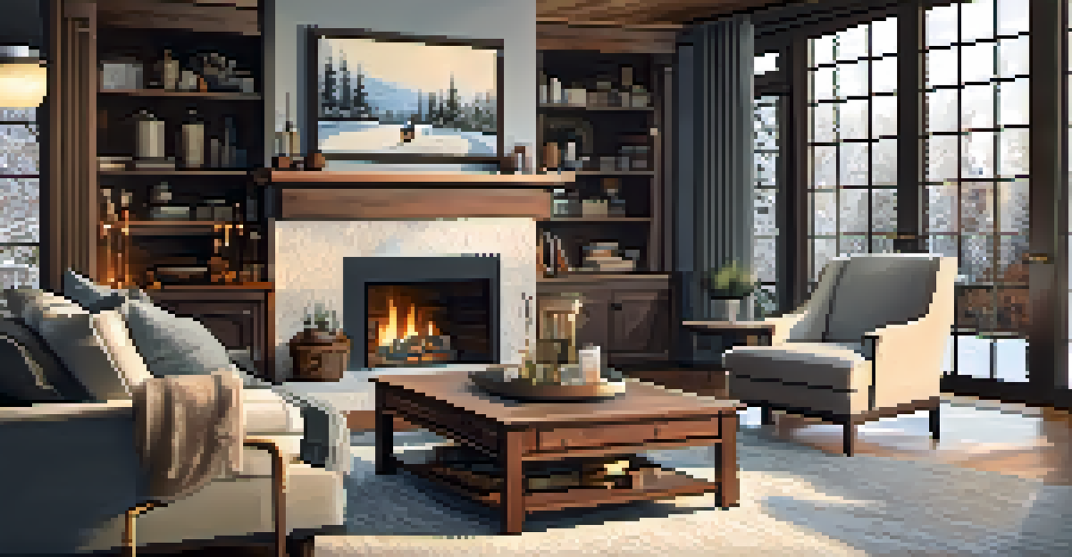 A winter living room featuring a rustic fireplace, warm lighting, and soft furnishings, with snow falling outside the window.