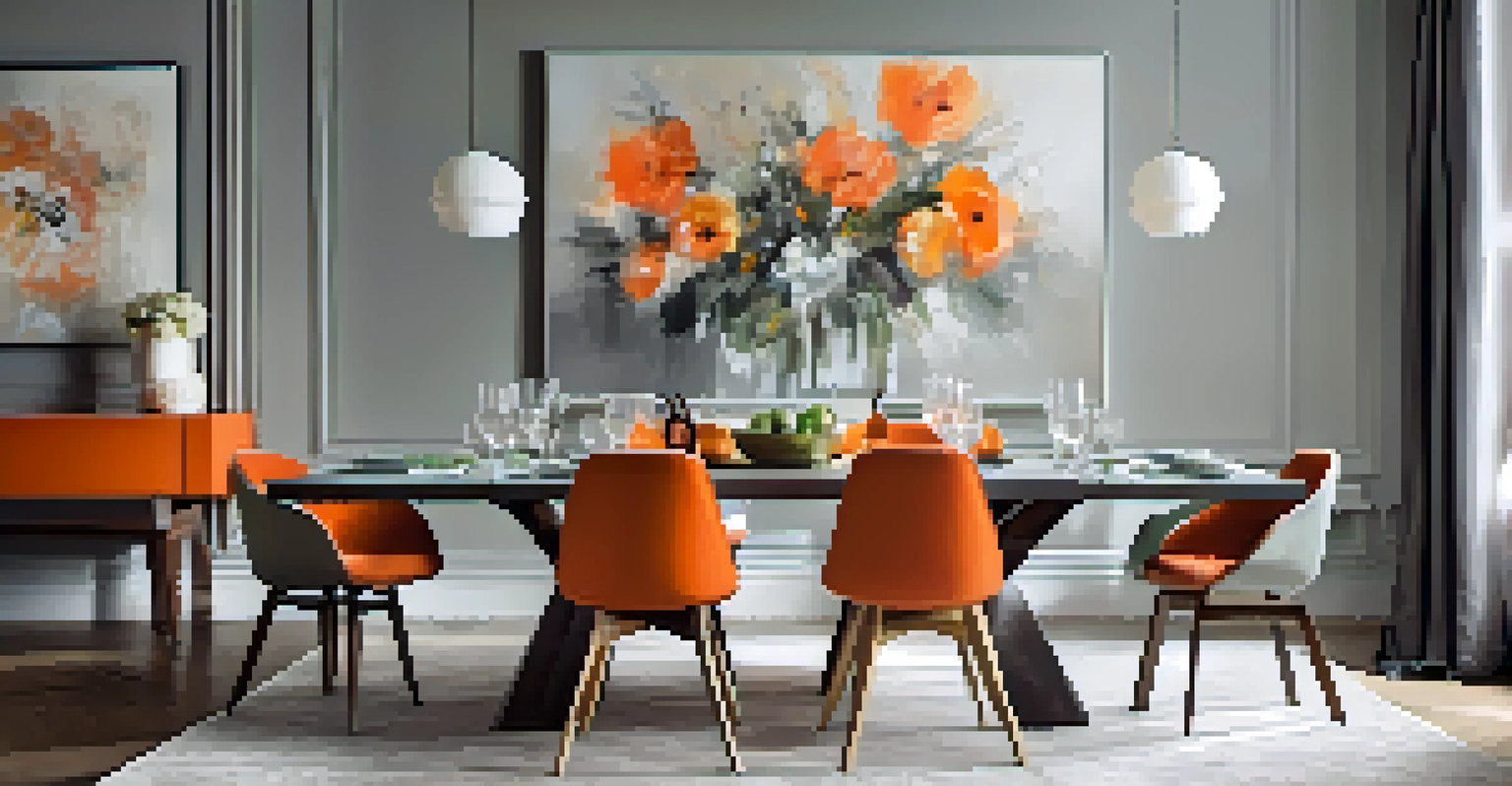 An elegant dining area with a gray backdrop, an orange dining table, and colorful abstract art, illuminated by warm lighting.