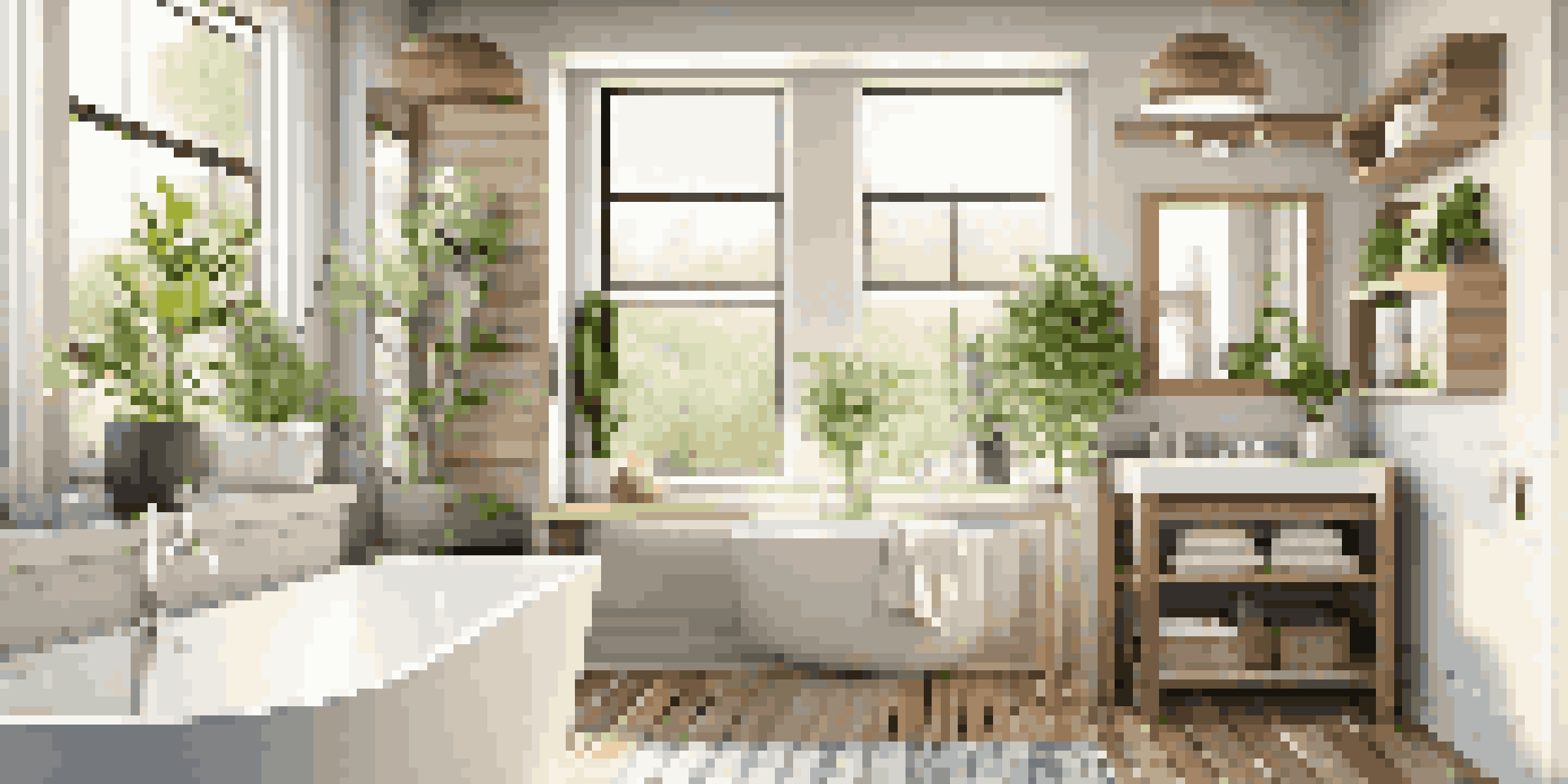 A bright, eco-friendly bathroom with energy-efficient fixtures, natural light, and reclaimed wood elements.
