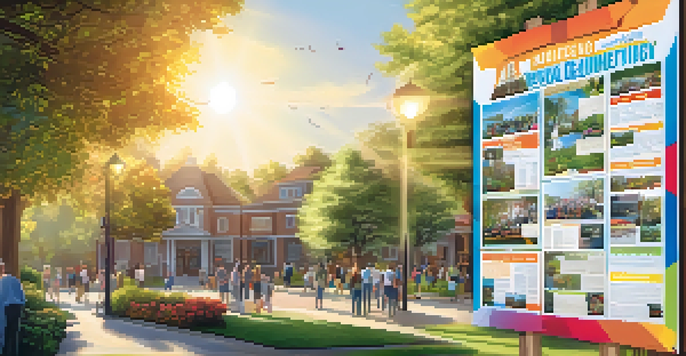 A community board displaying colorful flyers and notices in a park surrounded by greenery and sunlight.