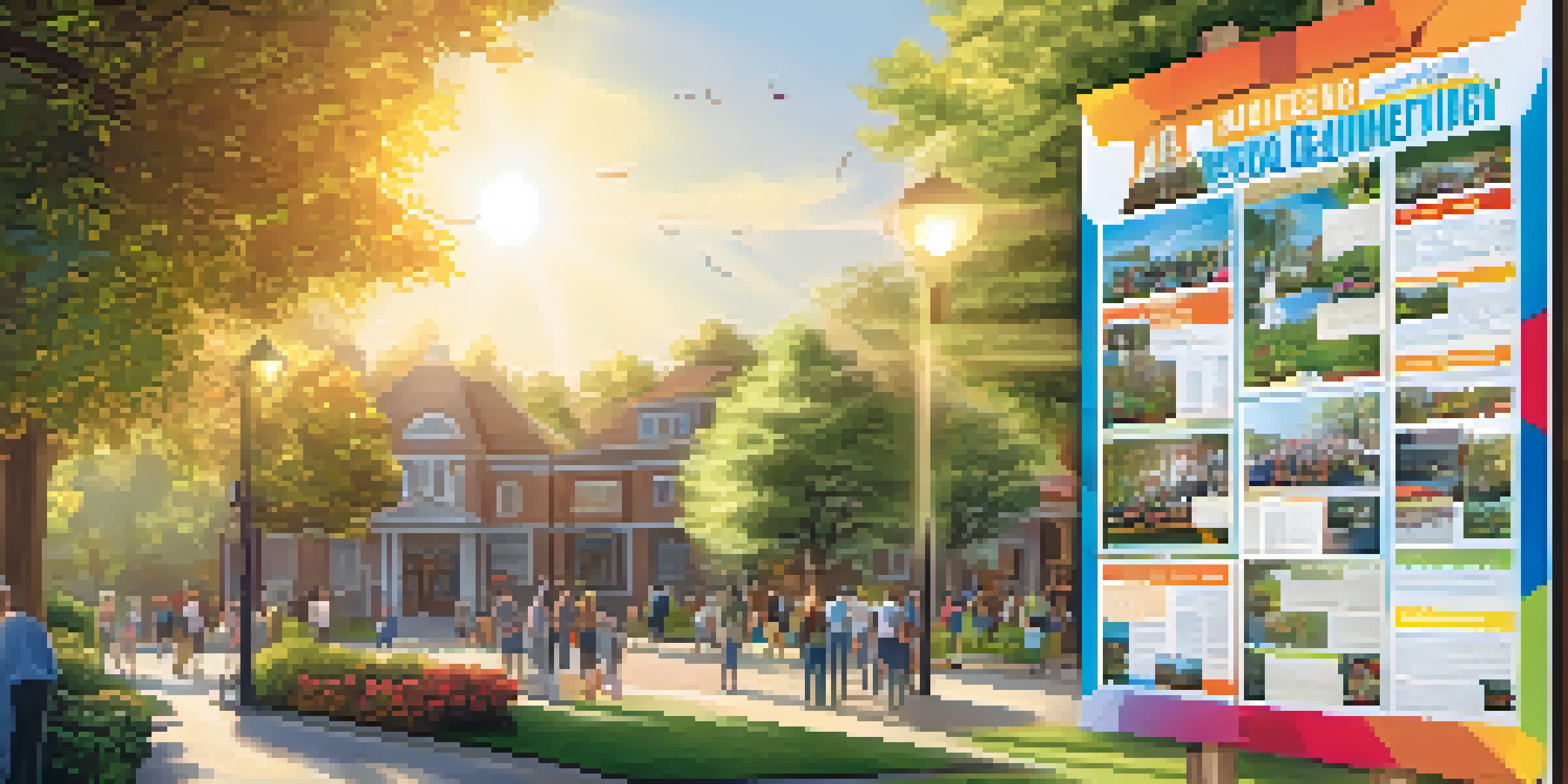 A community board displaying colorful flyers and notices in a park surrounded by greenery and sunlight.