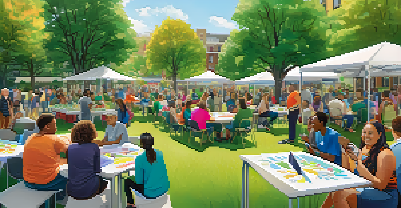 Residents engaging in a community event in a park, discussing housing development with banners and tables set up for discussions.