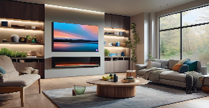 A contemporary living room filled with smart home devices, showcasing a smart thermostat, speakers, and adjustable ambient lighting.