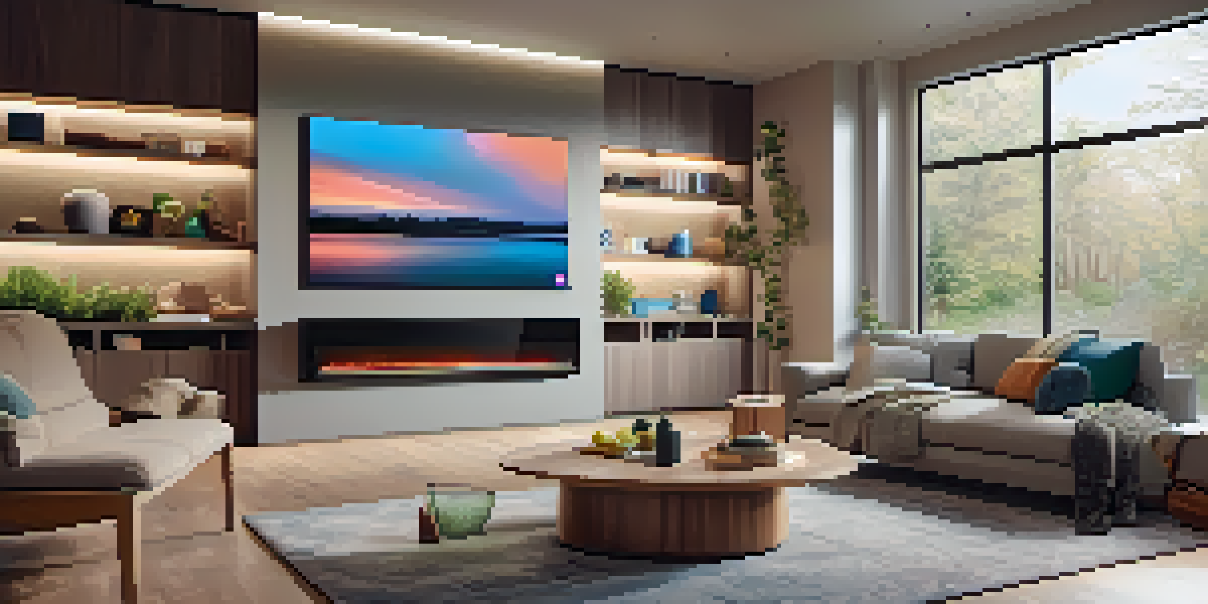 A contemporary living room filled with smart home devices, showcasing a smart thermostat, speakers, and adjustable ambient lighting.