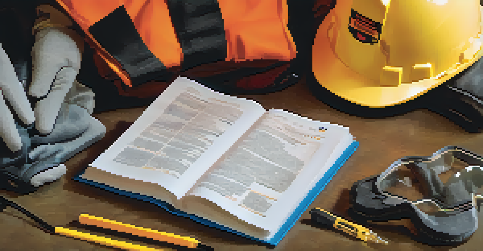 A close-up of hands holding a safety training manual surrounded by safety gear, representing the importance of safety training.