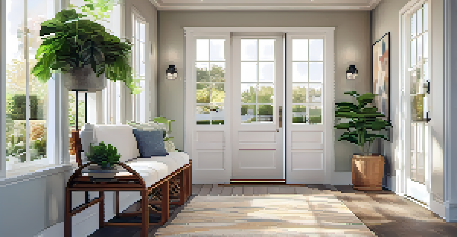 A bright and inviting entryway with a stylish front door, seating area, and potted plants.