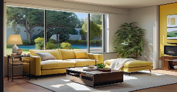 A cozy living room with a modern home security system on the coffee table, warmly lit with soft yellow colors.