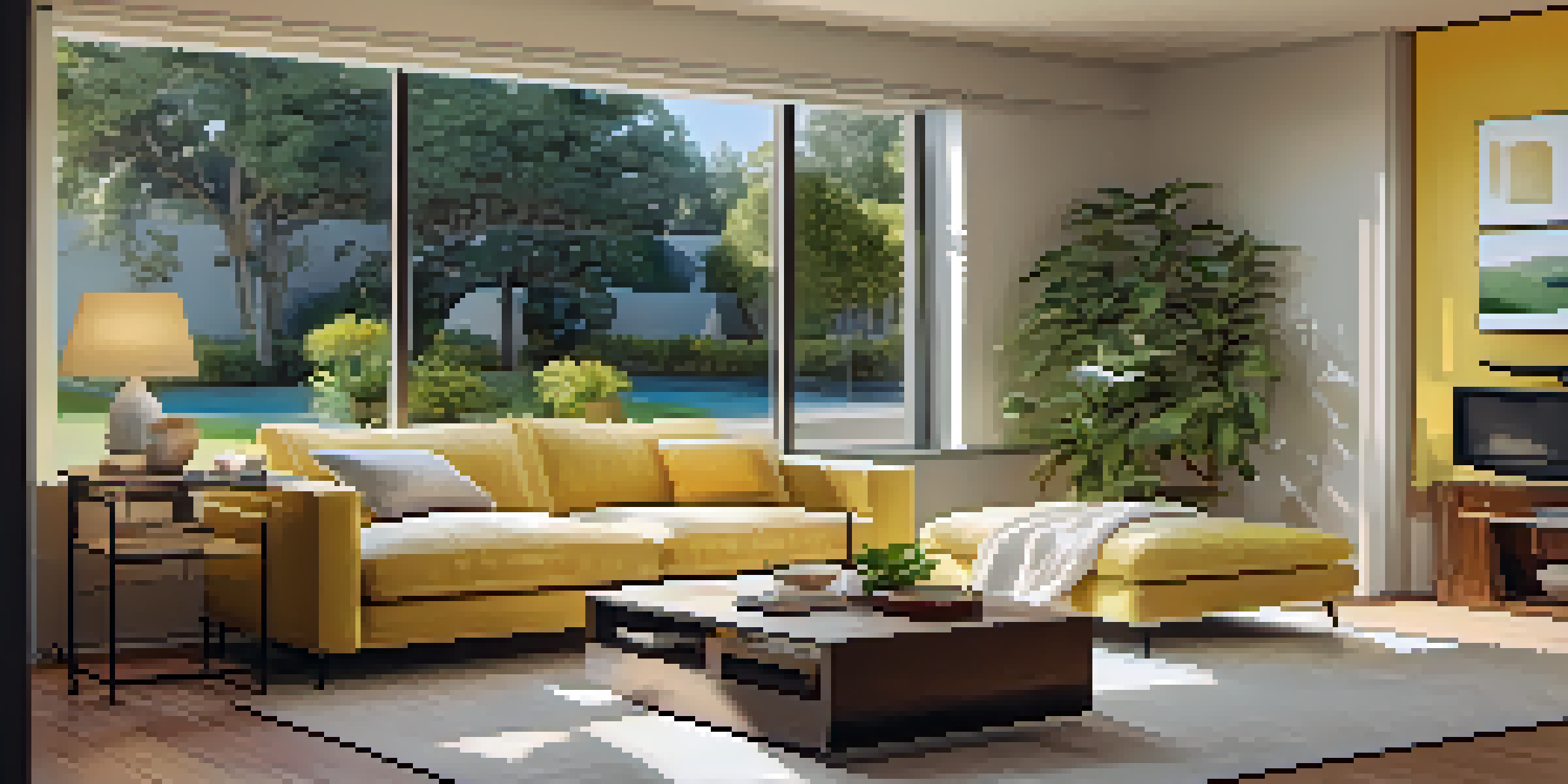 A cozy living room with a modern home security system on the coffee table, warmly lit with soft yellow colors.