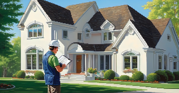 A home inspector examining the roof of a house with a clipboard, surrounded by trees and a blue sky.