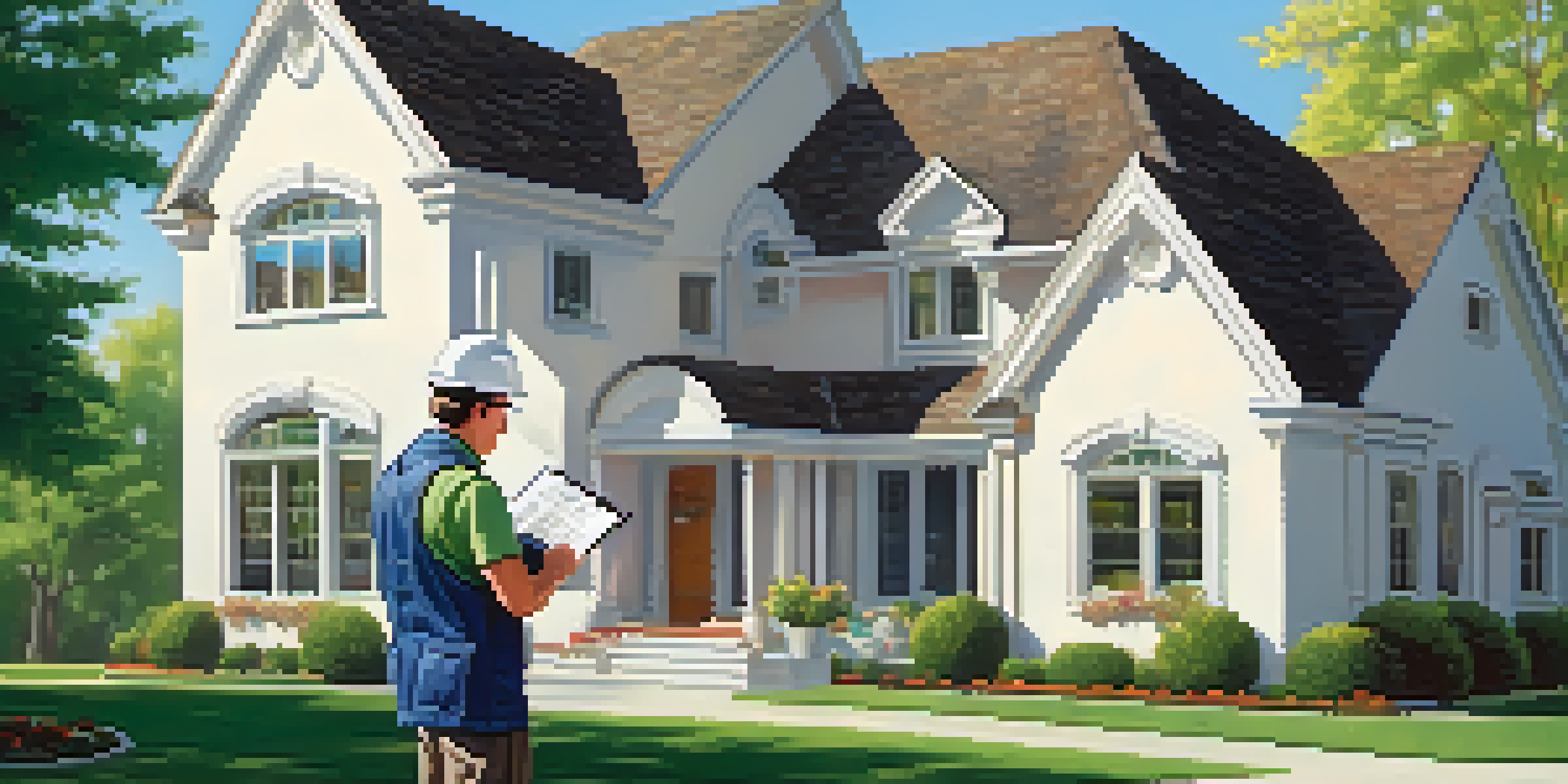 A home inspector examining the roof of a house with a clipboard, surrounded by trees and a blue sky.