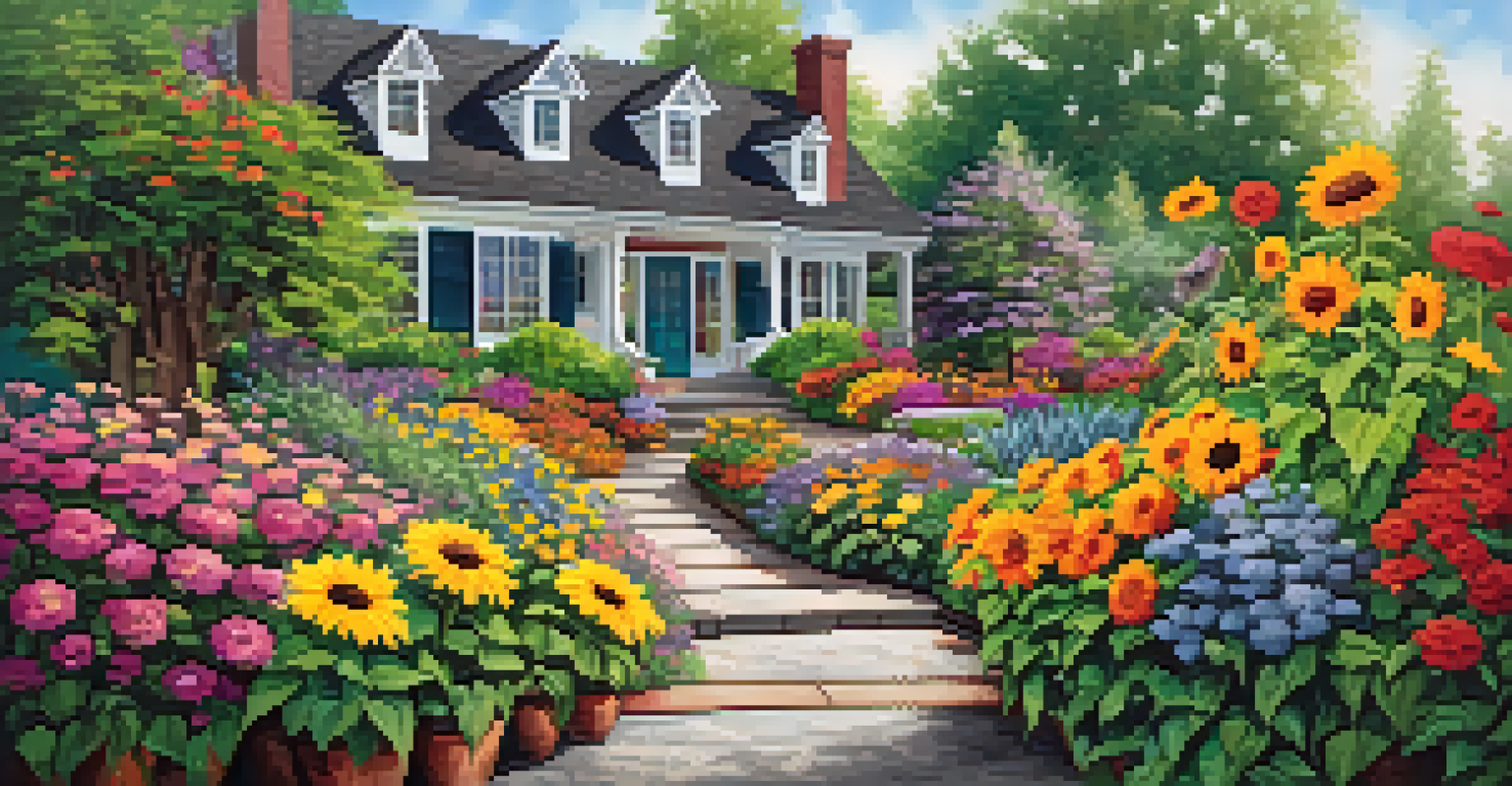 A beautiful pathway lined with colorful flower beds of sunflowers and zinnias, leading to a welcoming front door.