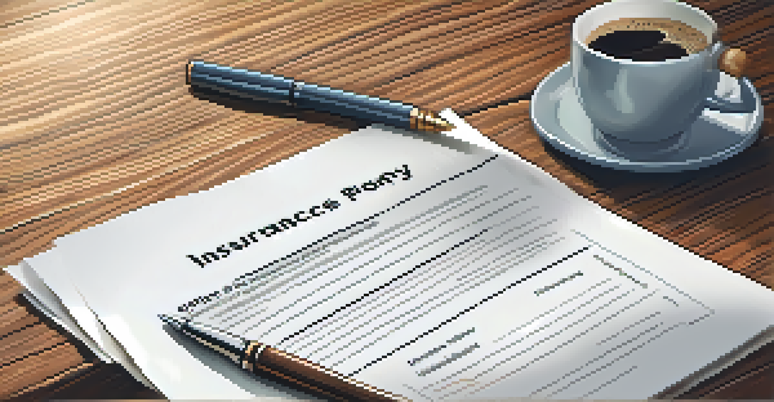 A close-up of a home insurance policy document on a wooden table, with a pen and coffee cup nearby.