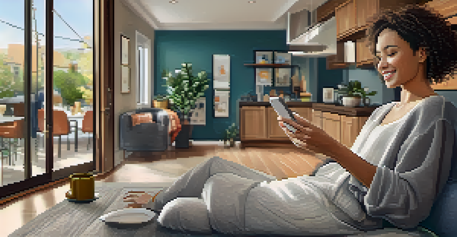 A tenant using a smartphone to submit a maintenance request in a cozy apartment.