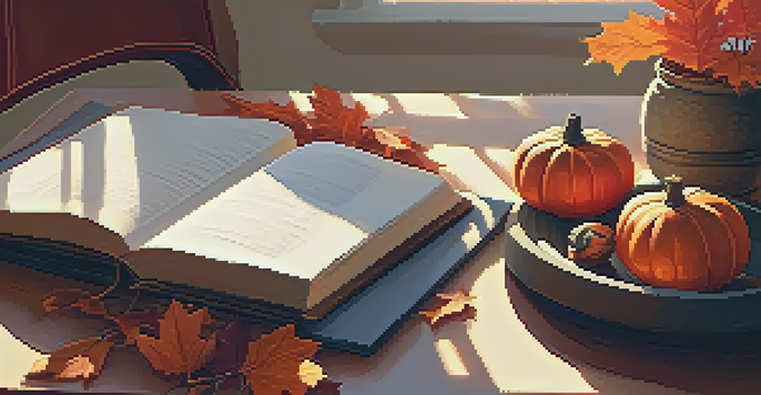 A cozy workspace decorated for autumn with pumpkins and warm colors, illuminated by soft golden light.