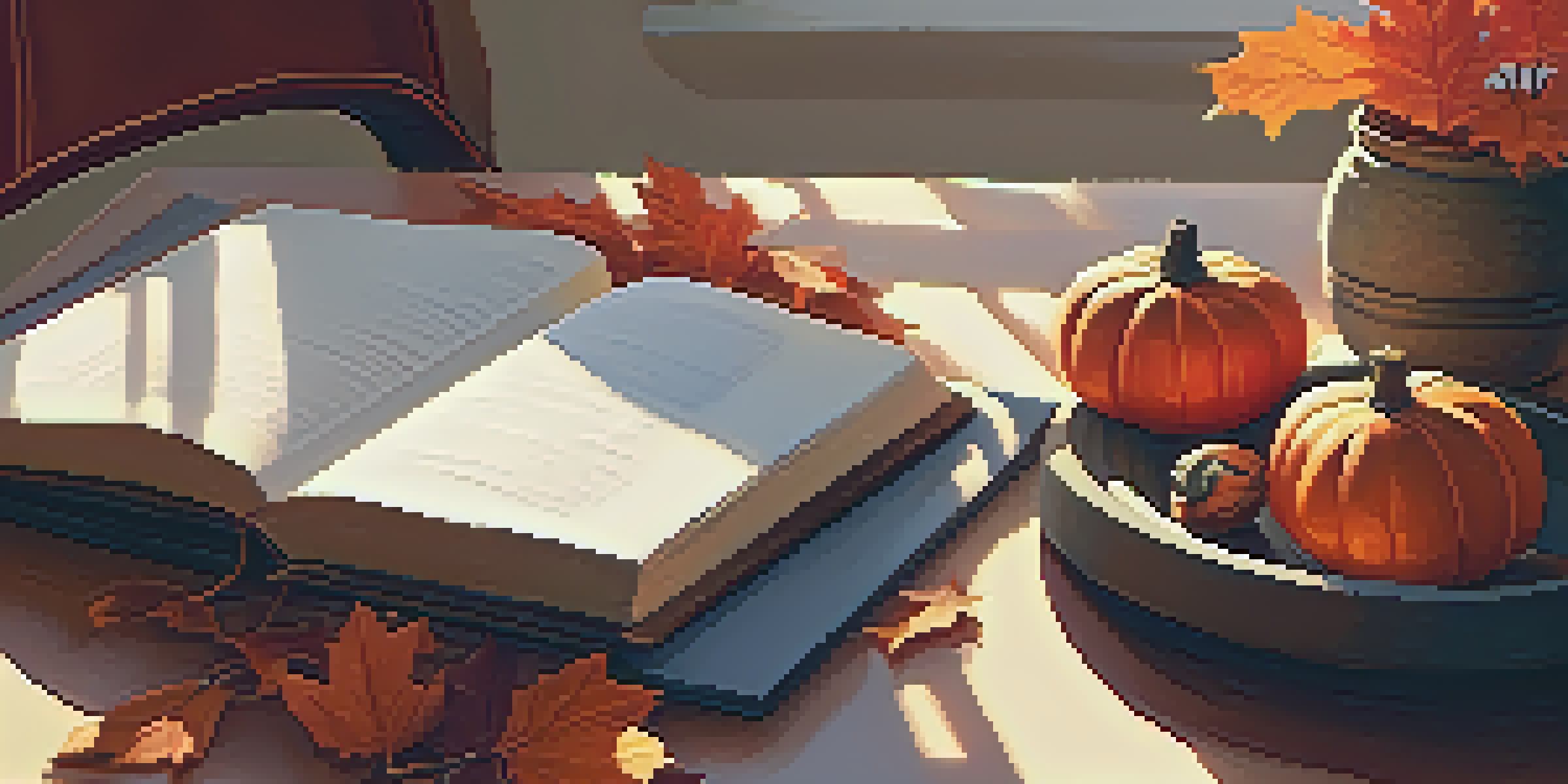 A cozy workspace decorated for autumn with pumpkins and warm colors, illuminated by soft golden light.