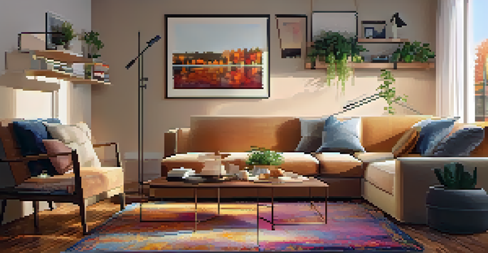 A living room with a storage coffee table, a sofa bed, and decorative items, all bathed in warm light.