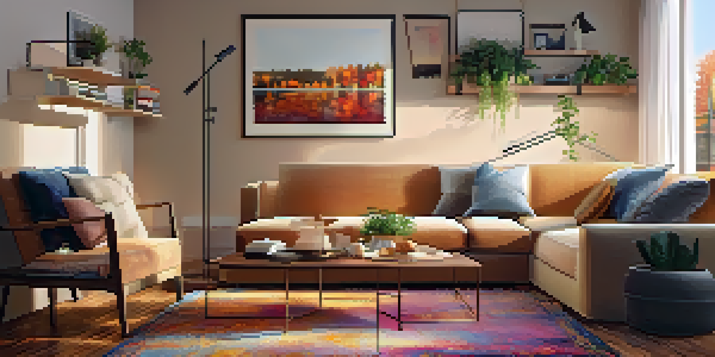 A living room with a storage coffee table, a sofa bed, and decorative items, all bathed in warm light.