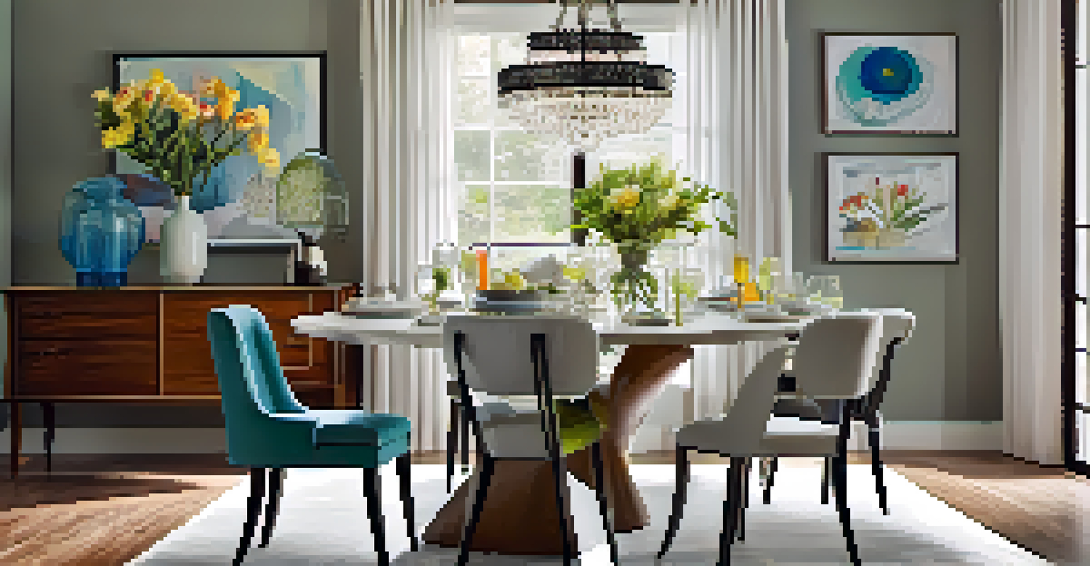 A dining area with a vintage mid-century table and mismatched chairs, lit by an LED chandelier and decorated with fresh flowers.