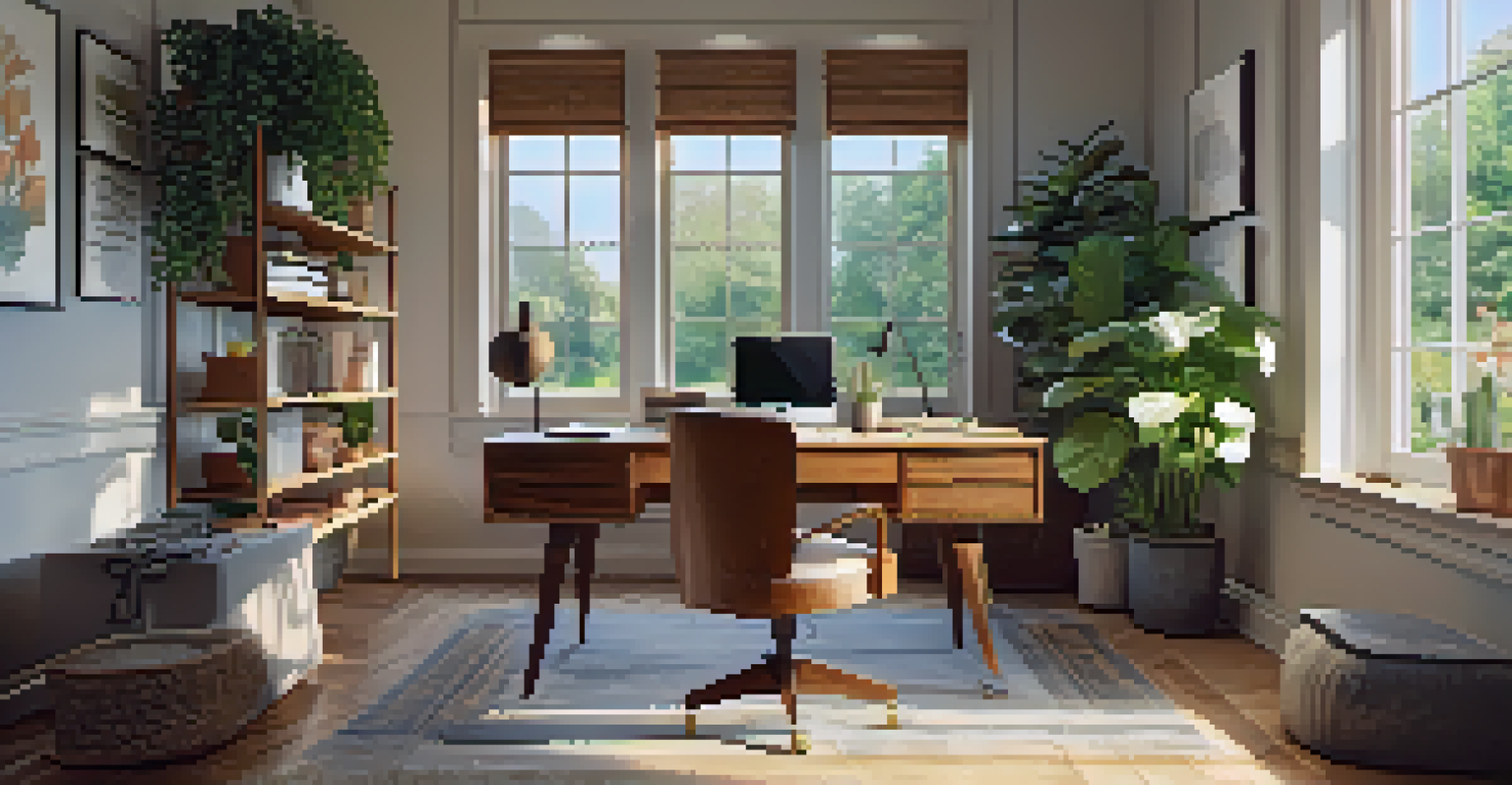 A cozy home office with a desk, plants, and a view of a garden through large windows.