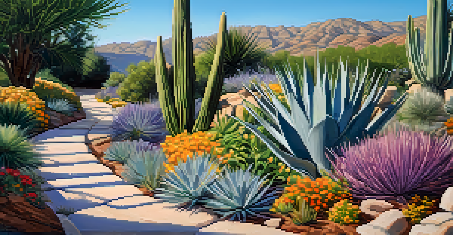 A xeriscaped garden with drought-resistant plants and a winding rock pathway under a clear blue sky.