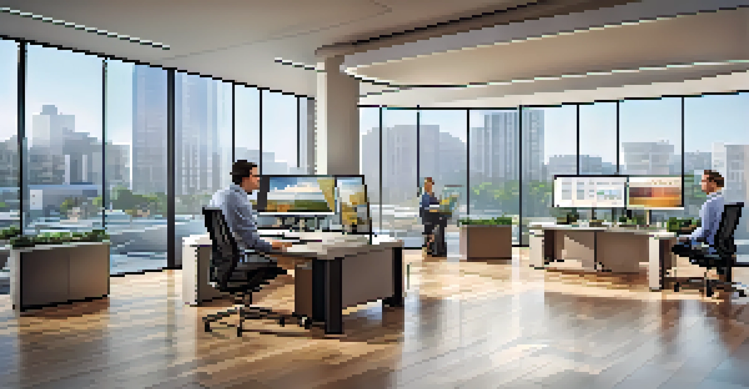 A modern real estate office with technology displays and professionals collaborating.