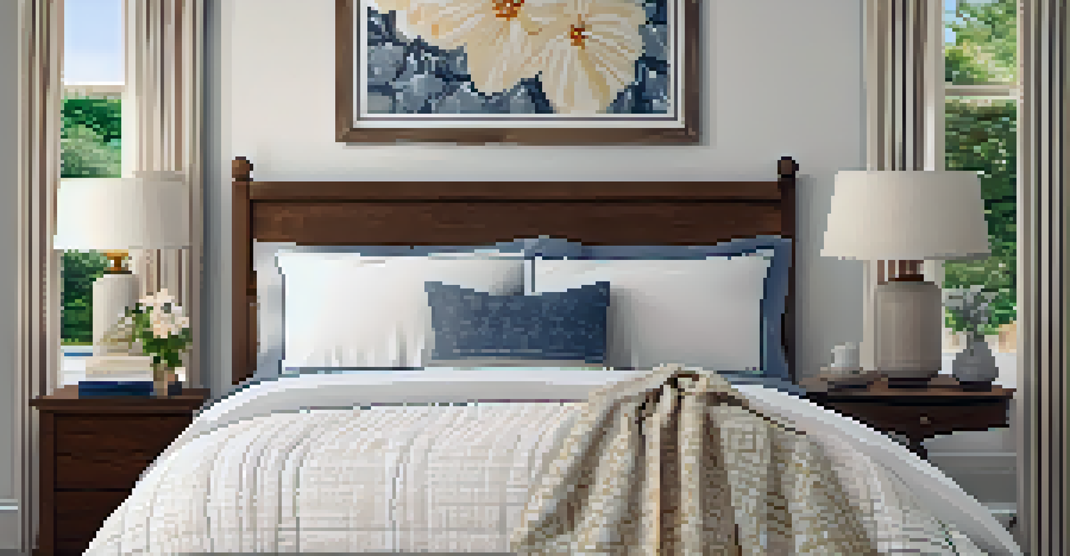 A serene bedroom with a neatly made bed featuring a handmade quilt, elegant curtains, and a vase of fresh flowers on a side table.