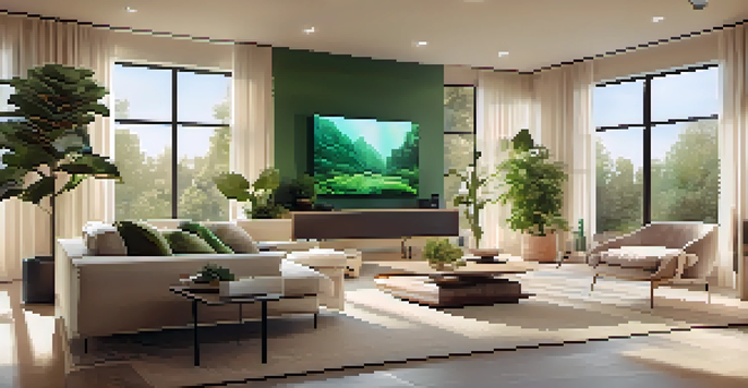 A modern living room with smart devices including a speaker, smart lights, and a thermostat, illuminated by natural light.