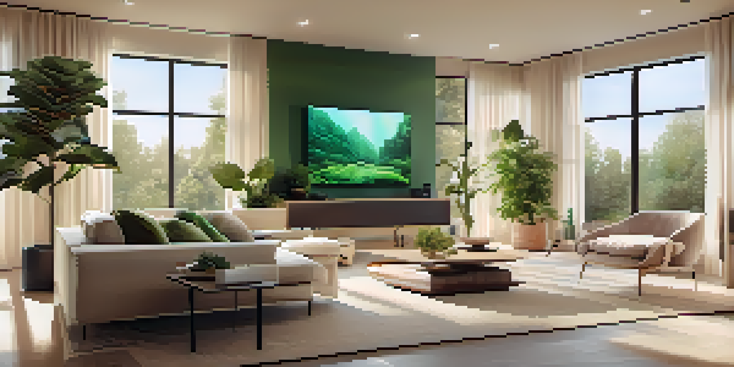 A modern living room with smart devices including a speaker, smart lights, and a thermostat, illuminated by natural light.