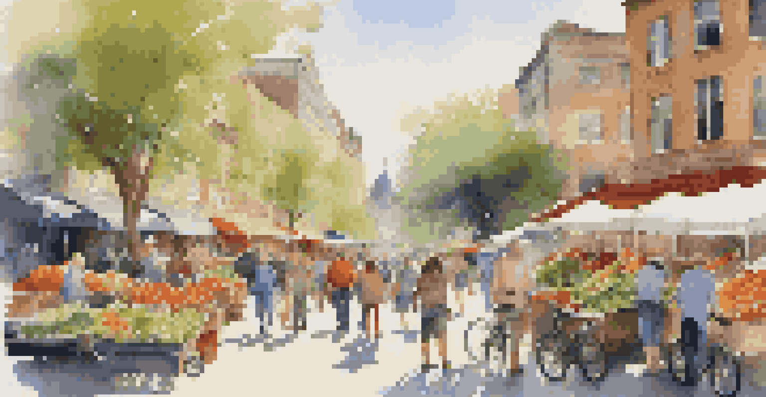 A lively farmer's market on a street with pedestrians shopping, surrounded by colorful stalls and charming buildings, in the morning light.