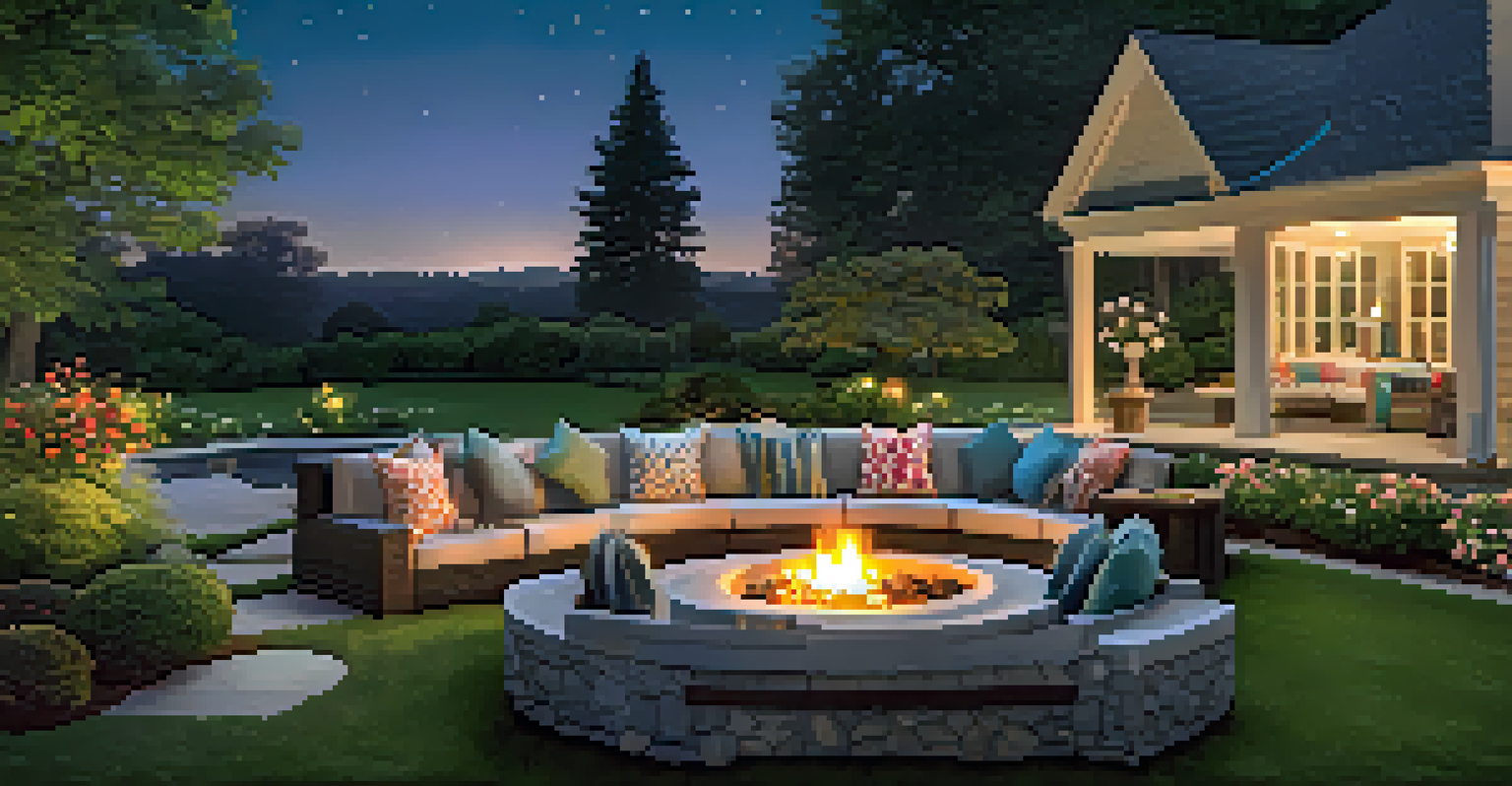 An inviting outdoor space with landscaped gardens, colorful flowers, a cozy seating area, and a fire pit, illuminated by soft outdoor lighting under a starry night sky.