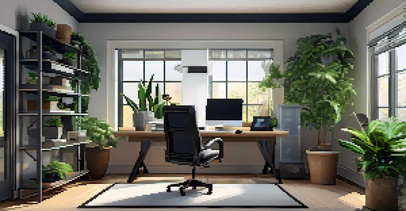 An organized home office space with a computer and monitor displaying a customizable security dashboard, complemented by indoor plants for warmth.