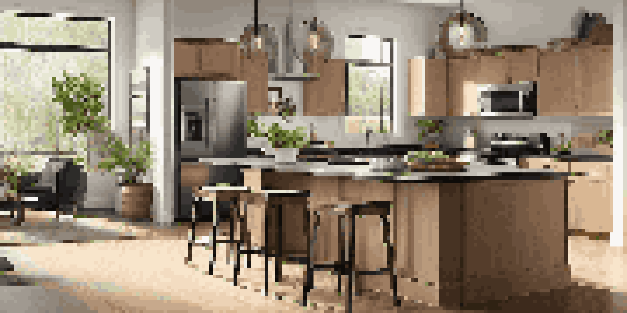 A modern kitchen with stainless steel appliances, wooden cabinets, and a large island, illuminated by natural light from large windows.