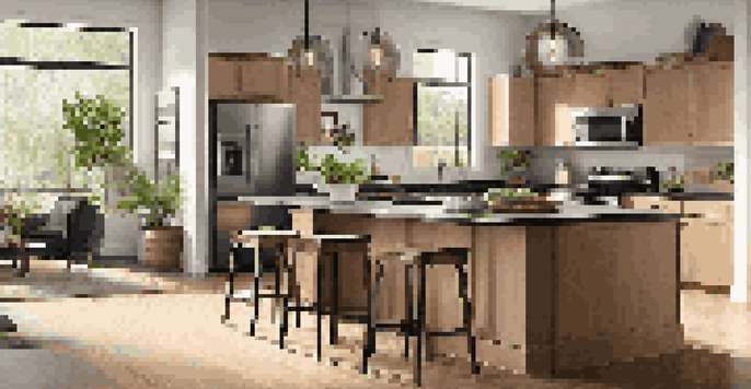 A modern kitchen with stainless steel appliances, wooden cabinets, and a large island, illuminated by natural light from large windows.