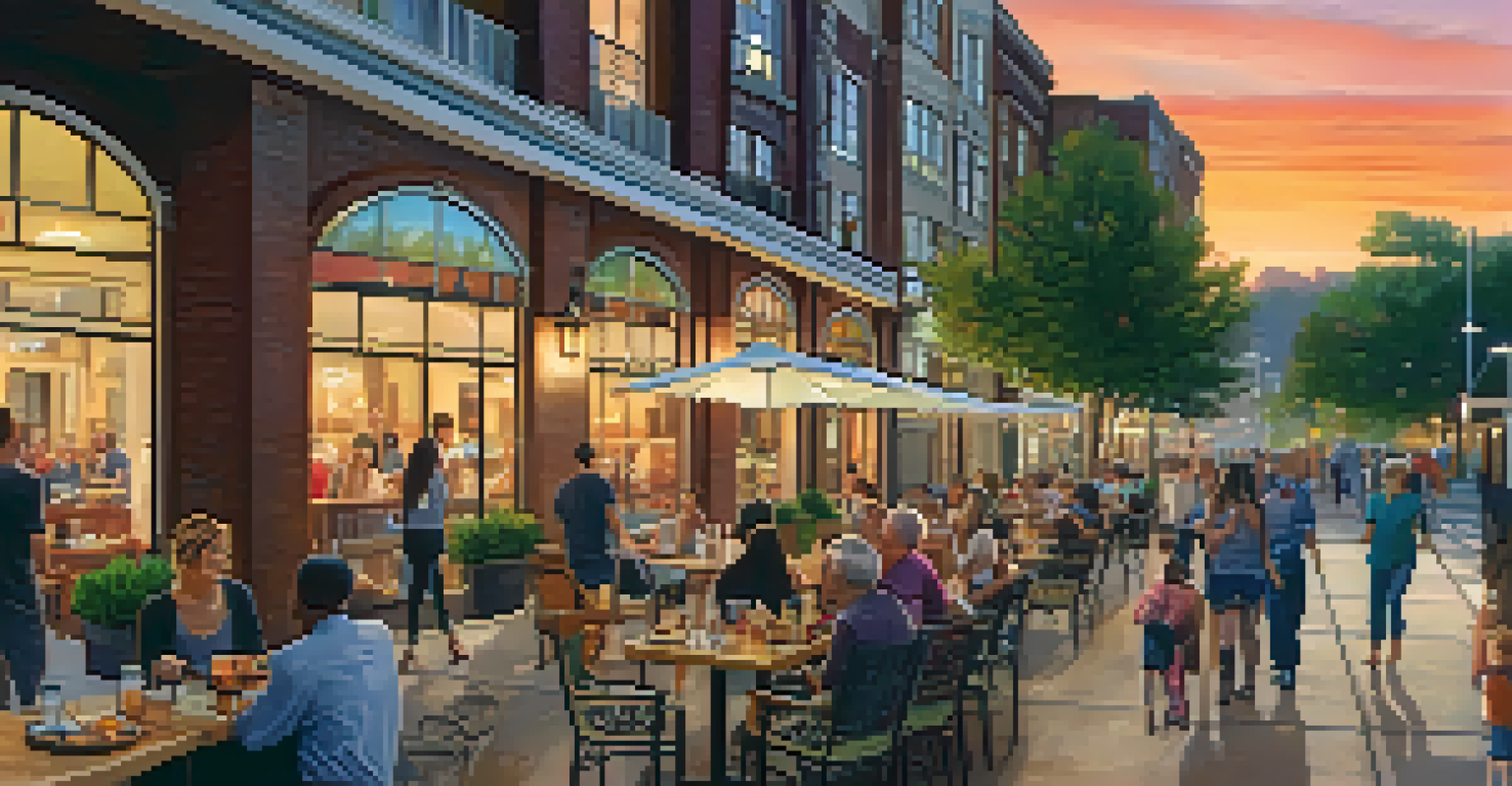 A welcoming streetscape of a mixed-use property at dusk with illuminated restaurants and people enjoying the outdoor ambiance.