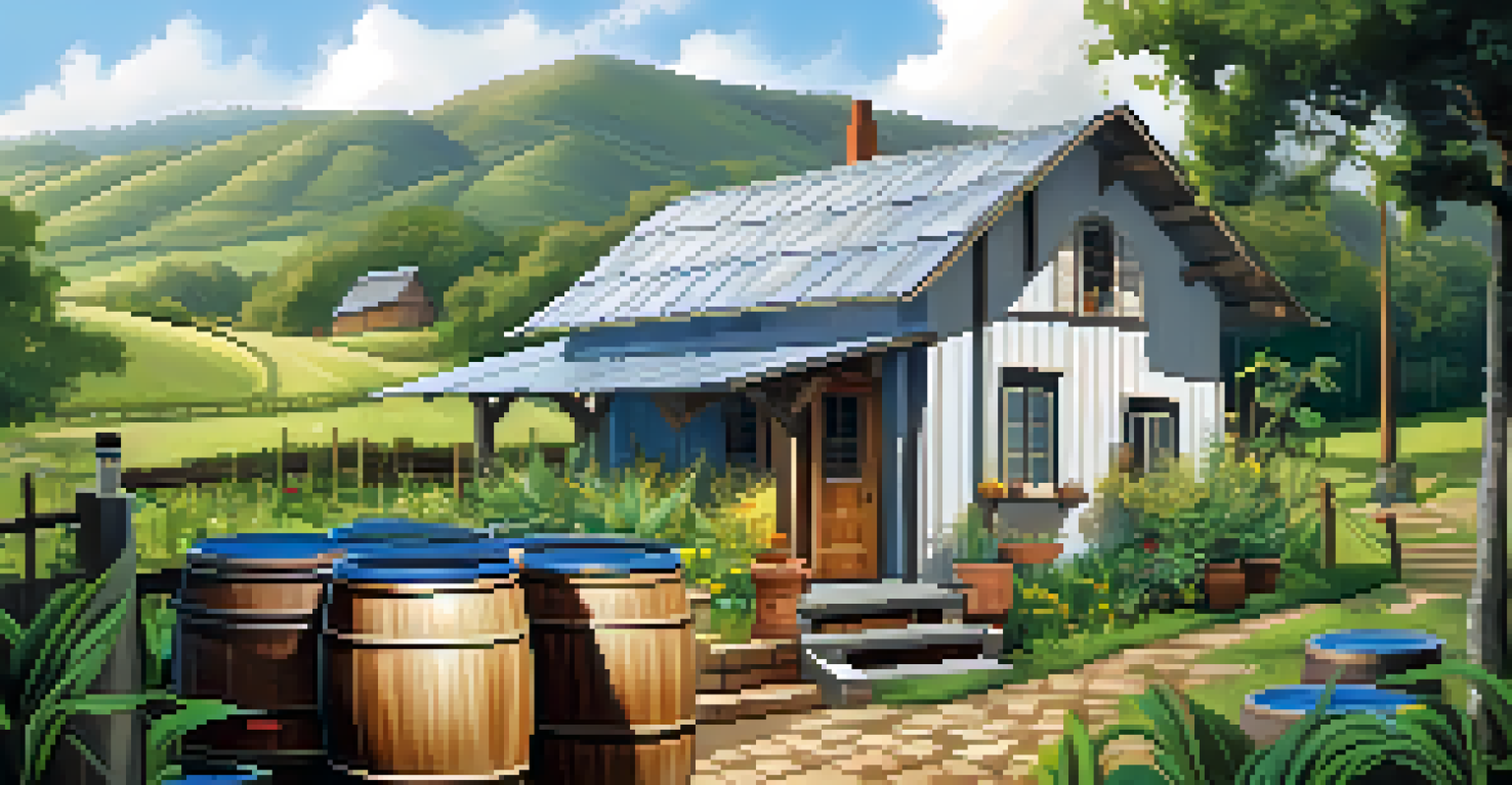 A rainwater harvesting system with barrels collecting rainwater around a cozy cottage, set in a scenic landscape.