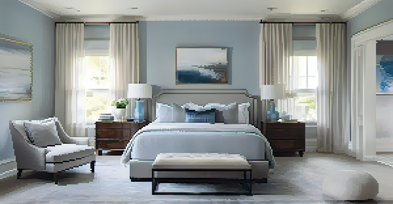 An elegant bedroom with a large bed, soft white linens, and blue-gray decor.