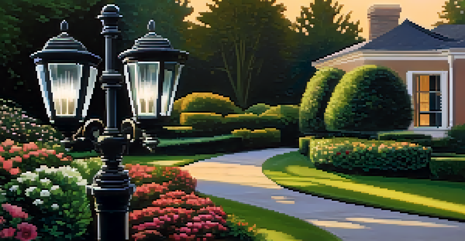 A close-up of a shiny outdoor light fixture surrounded by a colorful garden in evening light.