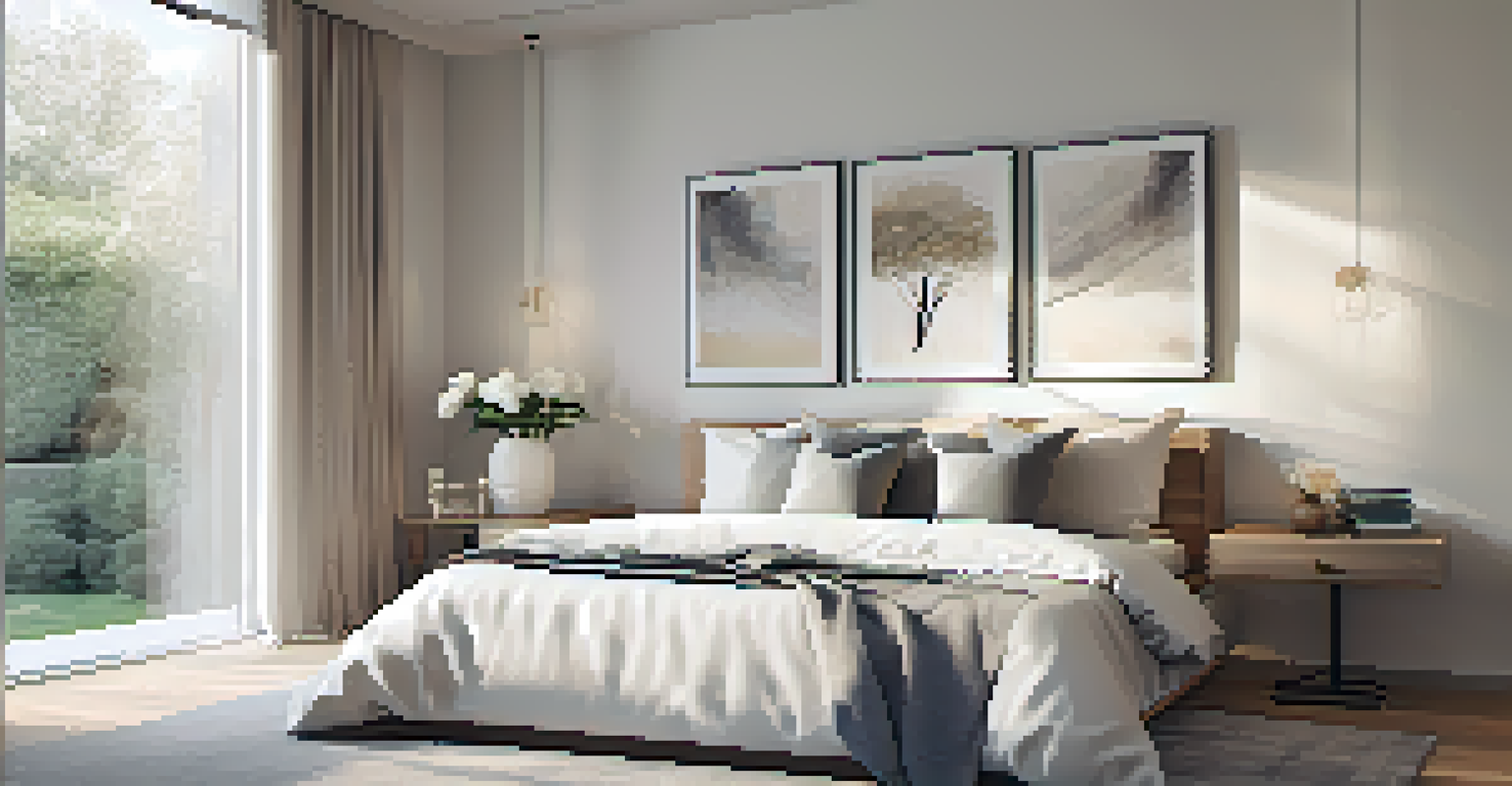 A peaceful minimalist bedroom with a low-profile bed, soft lighting, and light-colored walls, creating a tranquil ambiance.