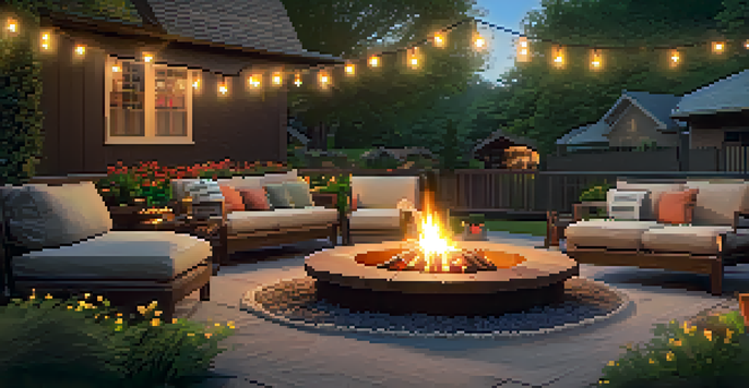A cozy outdoor living area with a wooden table, cushioned chairs, string lights, and a fire pit, surrounded by greenery and flowers.