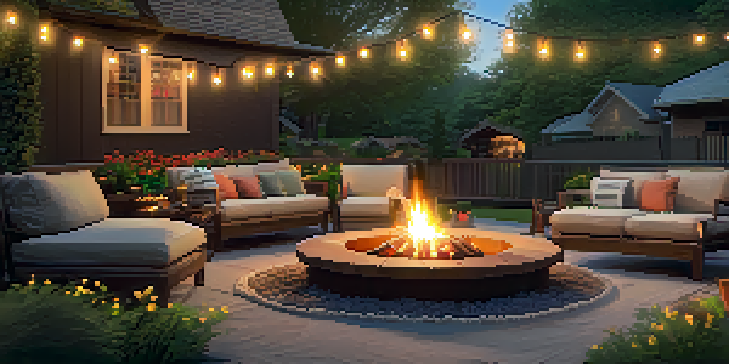 A cozy outdoor living area with a wooden table, cushioned chairs, string lights, and a fire pit, surrounded by greenery and flowers.