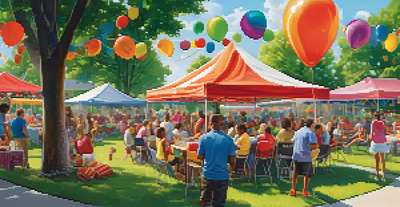 A lively community barbecue event in a park, showcasing residents enjoying food, games, and socializing in a festive atmosphere.