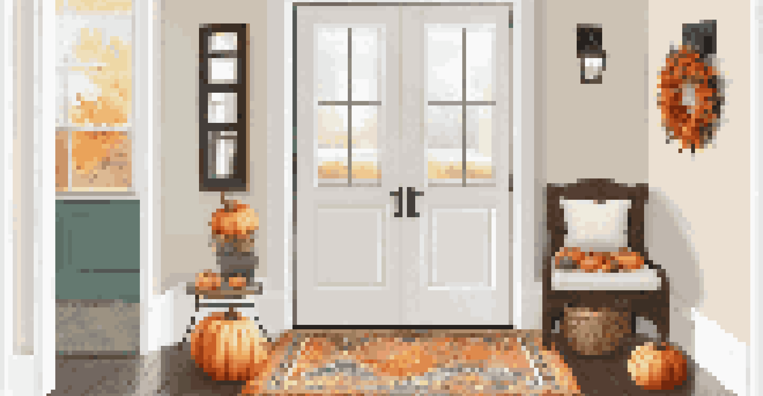 A personalized entryway decorated for autumn with a pumpkin and a welcome mat, showcasing a bench and decorative items.