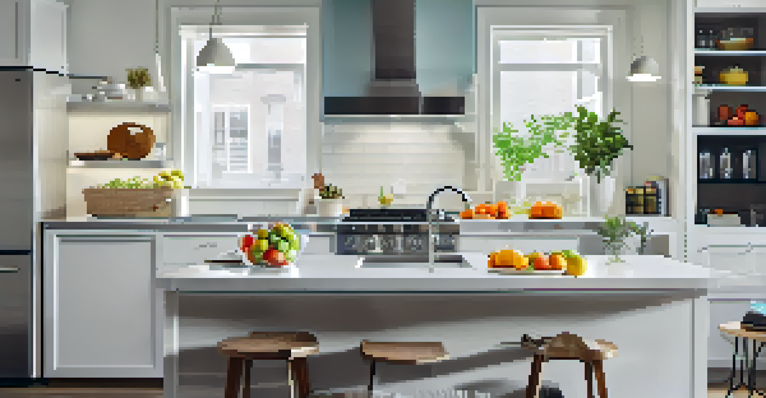 A bright kitchen with energy-efficient appliances and smart plugs on the countertop.