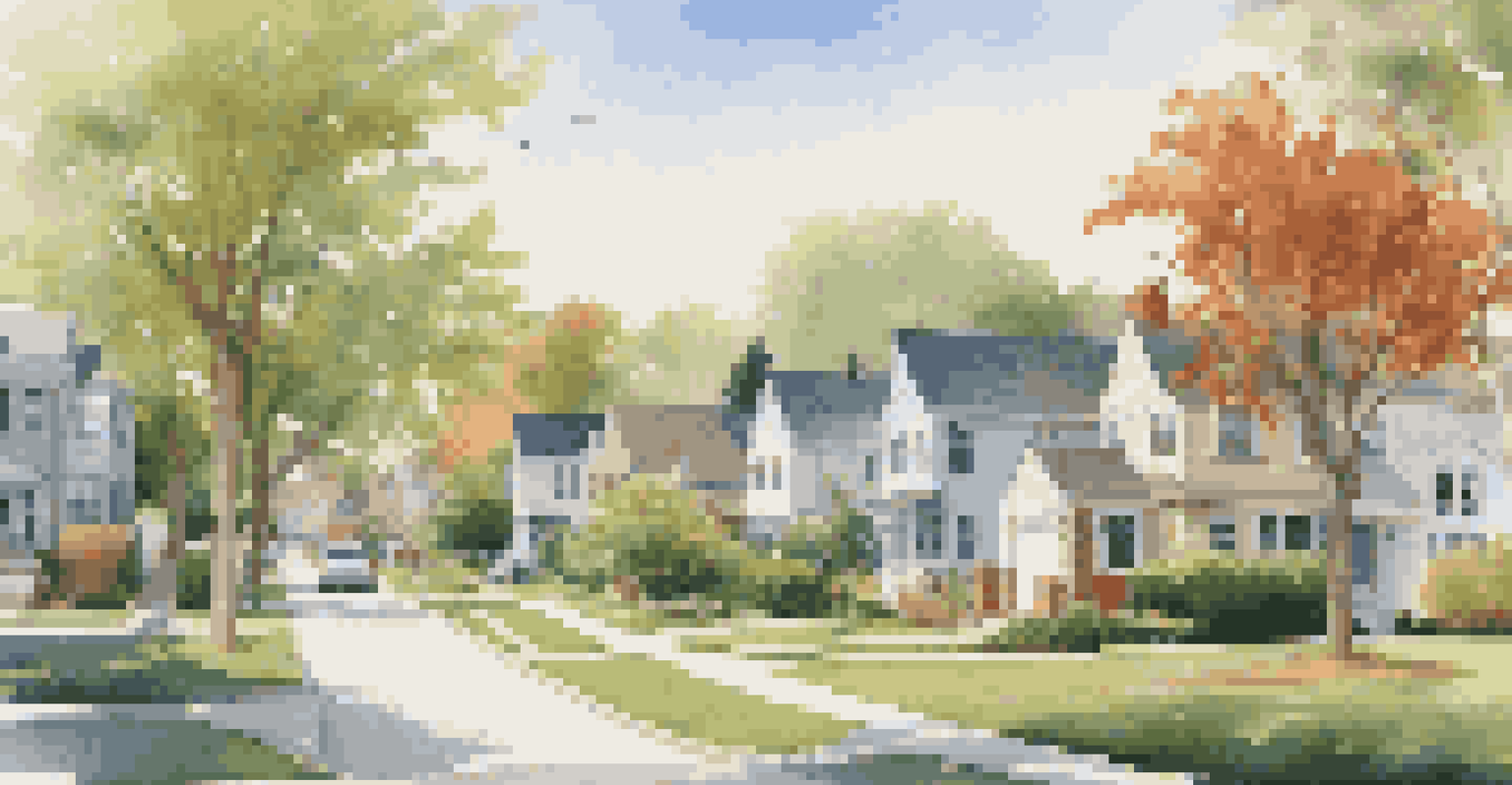 A peaceful neighborhood with a mix of architectural styles, children playing in a park, and trees along the streets.