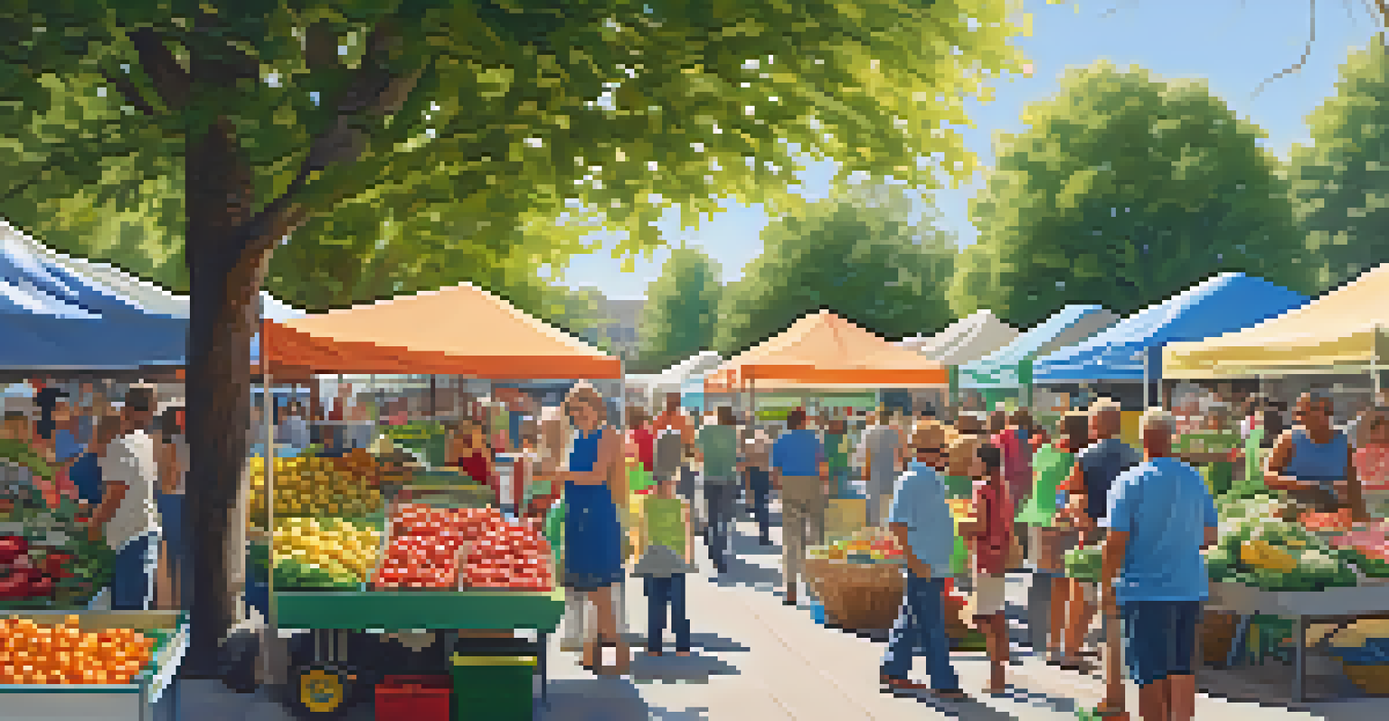 A lively farmer's market in a neighborhood park with families enjoying the day and colorful stalls.